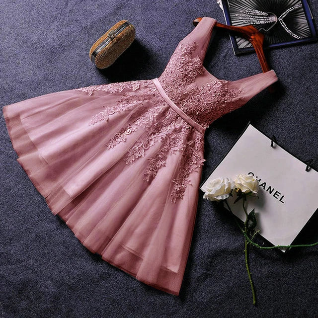 Elegant Pearl Pink Prom Dresses Sexy Prom Dress Short V Neck Appliques Beading Lace Up Knee-Length Graduation Party Gowns ShopOnlyDeal