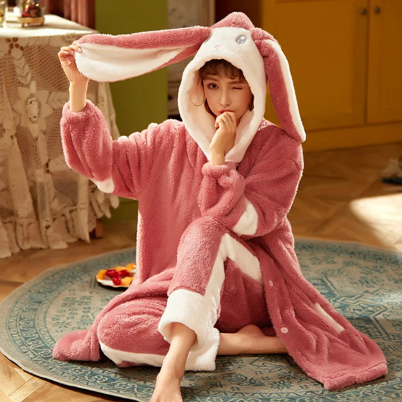 Cartoon Hooded Robes Women's Winter Nightgowns Thick Warm Bathrobe Female Coral Fleece Kimono Sleepwear Coats Dressing Gown 2XL ShopOnlyDeal