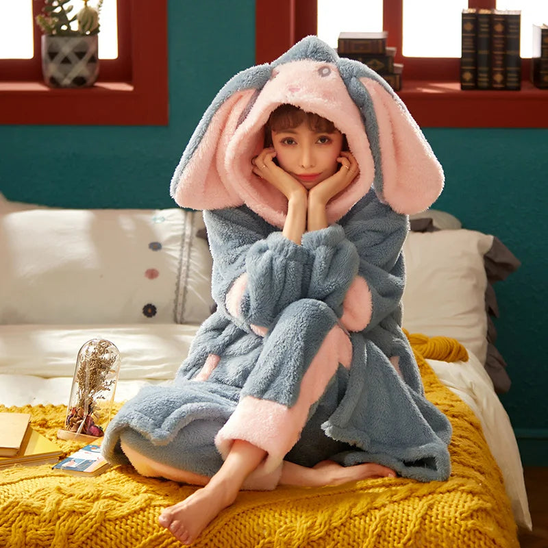 Cartoon Hooded Robes Women's Winter Nightgowns Thick Warm Bathrobe Female Coral Fleece Kimono Sleepwear Coats Dressing Gown 2XL ShopOnlyDeal