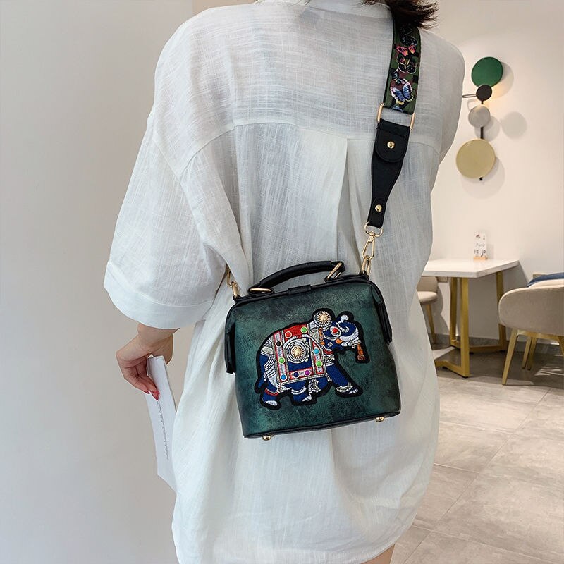 Vintage Embroidery Elephant Bag Bags Wide Butterfly Strap PU Leather Women Shoulder Crossbody Bag Tote Women's Handbags Purses ShopOnlyDeal