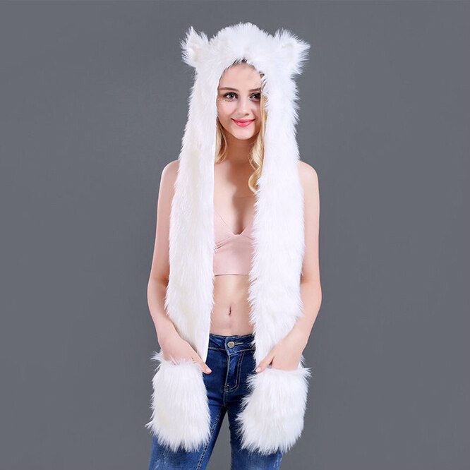 Men/Women Faux Fur Hood Animal Hat Ear Flaps Gloves 3in1 Animal Fur Hat Wolf Plush Warm Imitation Fur Hats Cap with Scarf Gloves ShopOnlyDeal