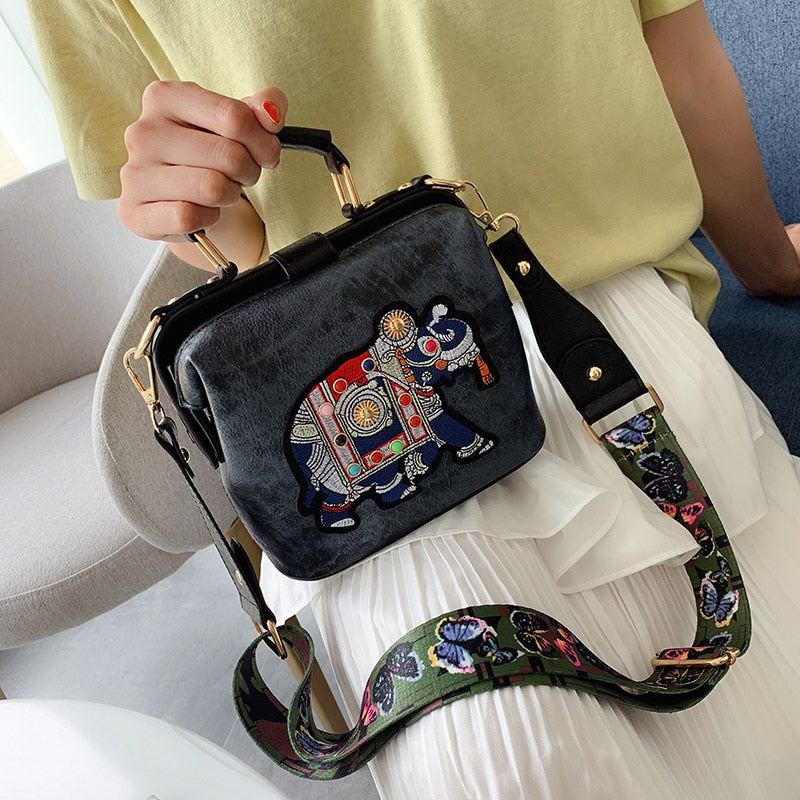 Vintage Embroidery Elephant Bag Bags Wide Butterfly Strap PU Leather Women Shoulder Crossbody Bag Tote Women's Handbags Purses ShopOnlyDeal