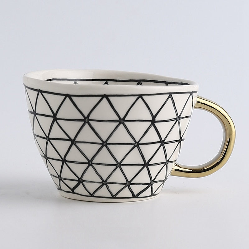 Hand Painted Geometric Ceramic Mugs With Gold Handle Handmade Irregular Cups For Coffee Tea Milk Oatmeal Creative Birthday Gifts ShopOnlyDeal