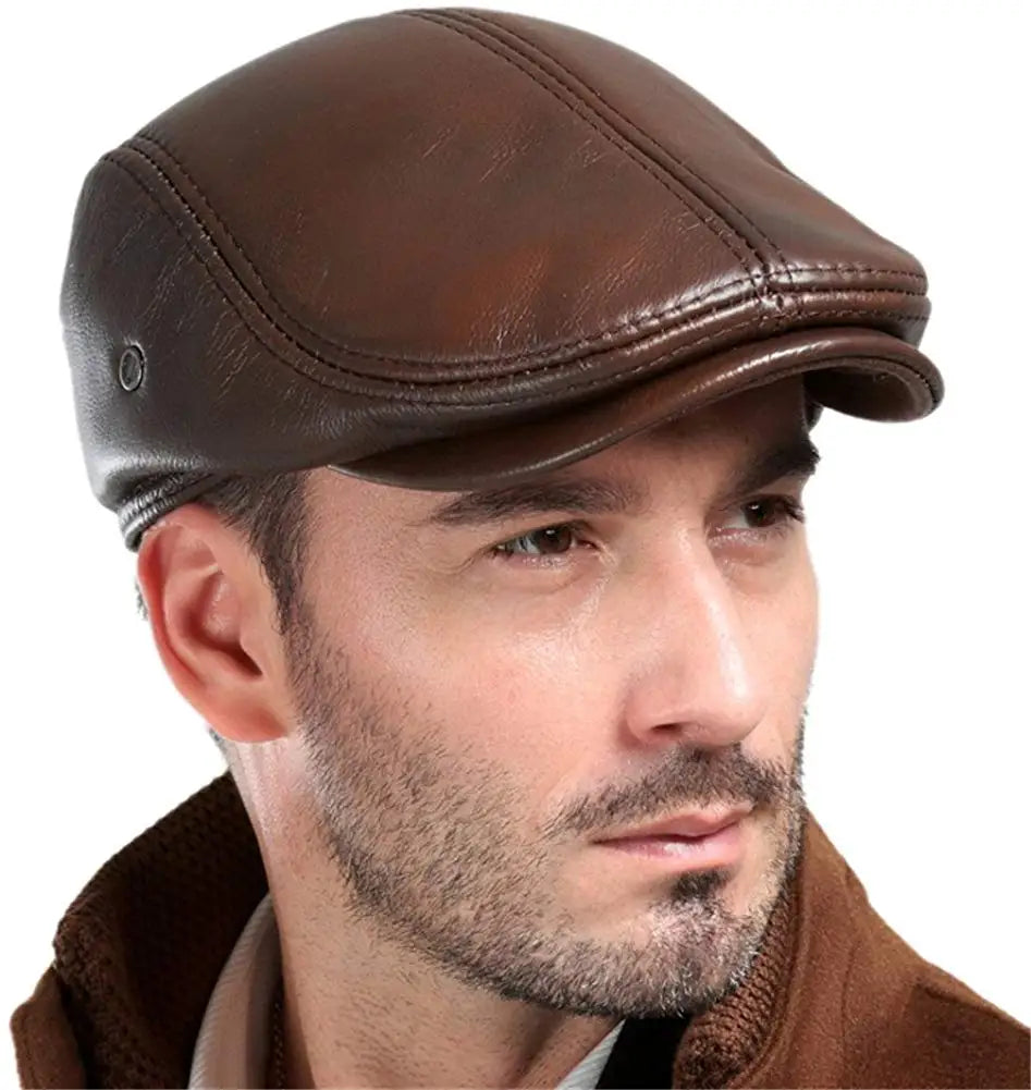 Men's Real Cowhide Leather Beret Hunting Cap Beanie Trucker Cap Mens Sports Hat ShopOnlyDeal