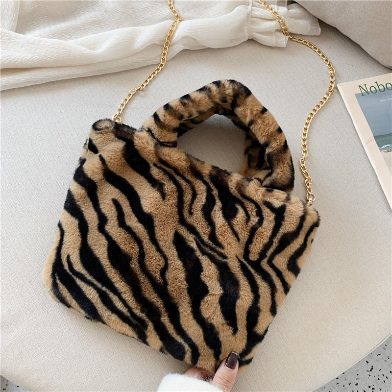 Winter new fashion shoulder bag female leopard female bag chain large plush winter handbag Messenger bag soft warm fur bag ShopOnlyDeal