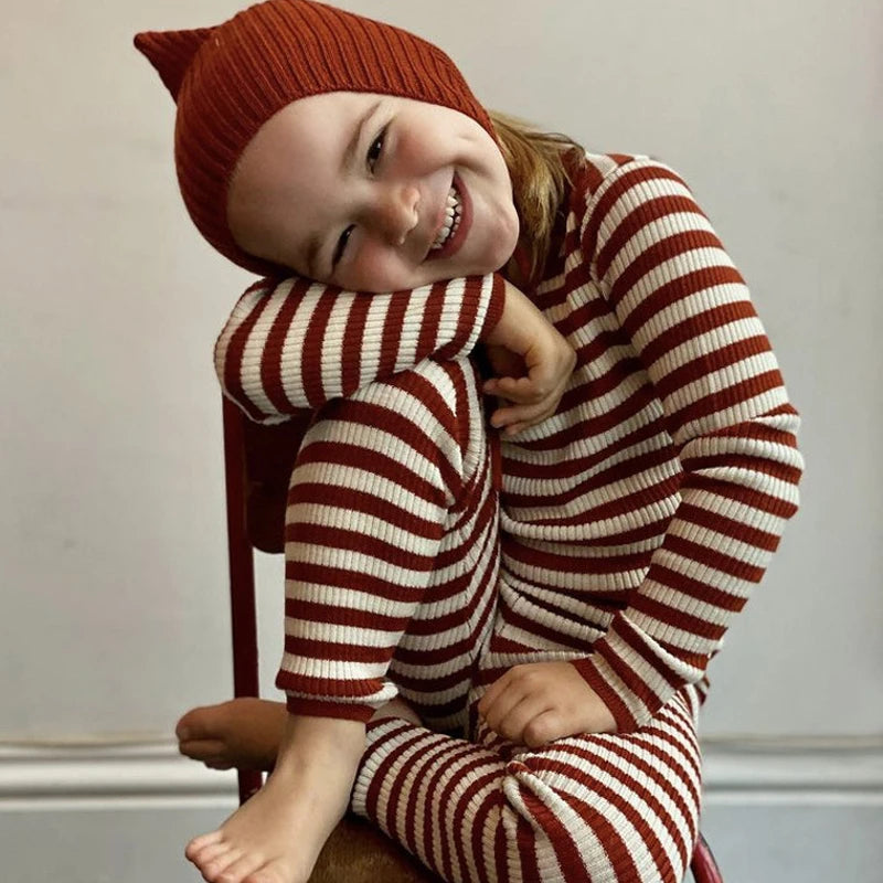 Autumn Winter Girls & Boys Underwear Pajamas Set | Striped Loungewear | Long Sleeve Sweater & Tight-Fitting Kids Knitted Underwear ShopOnlyDeal