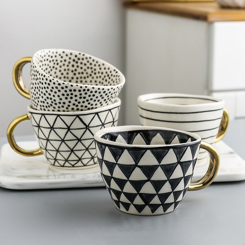 Hand Painted Geometric Ceramic Mugs With Gold Handle Handmade Irregular Cups For Coffee Tea Milk Oatmeal Creative Birthday Gifts ShopOnlyDeal