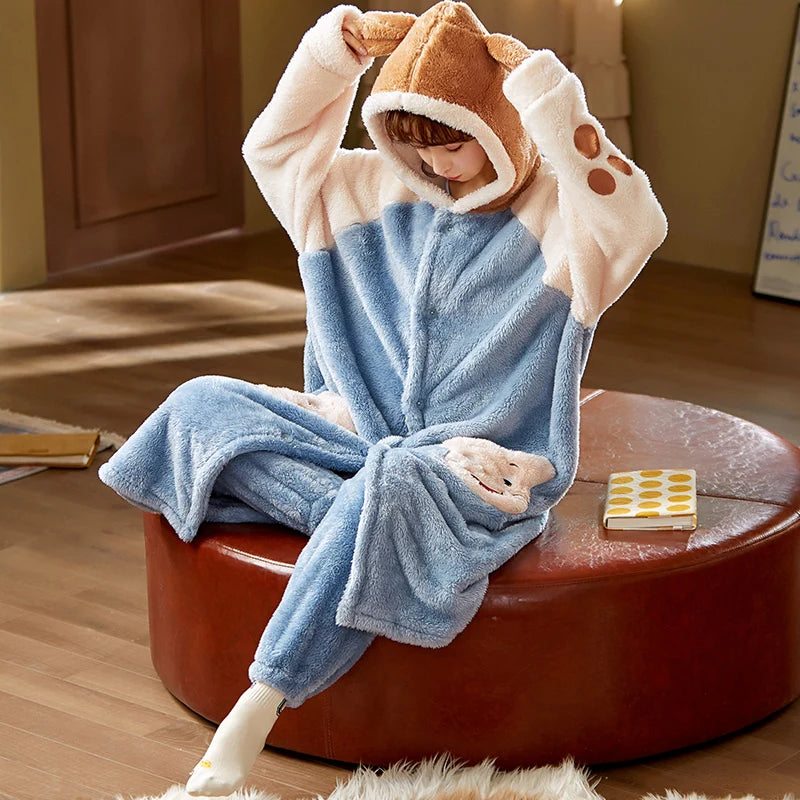 Cartoon Hooded Robes Women's Winter Nightgowns Thick Warm Bathrobe Female Coral Fleece Kimono Sleepwear Coats Dressing Gown 2XL ShopOnlyDeal