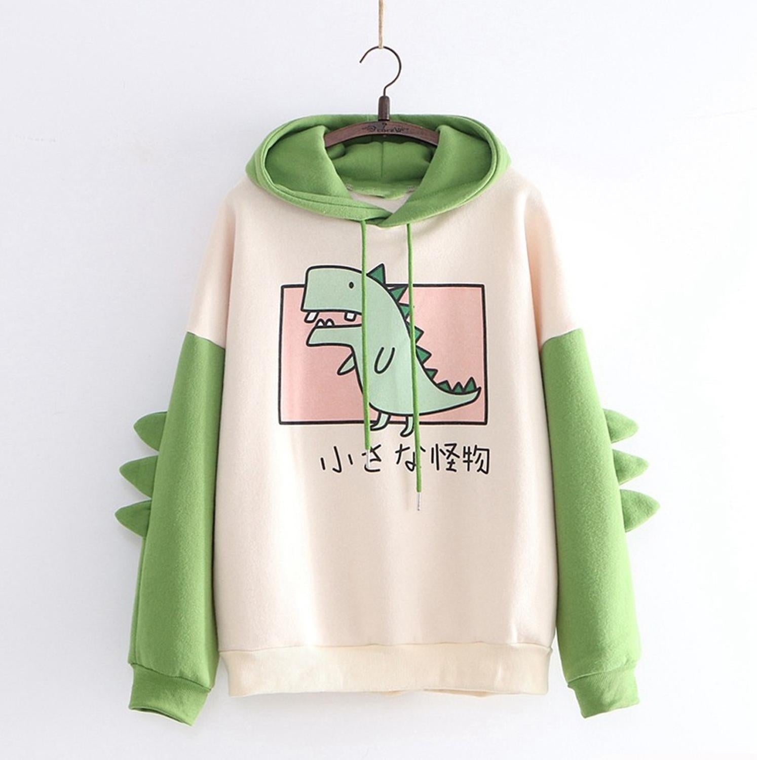 Cute Dino Hoodies Patchwork Winter Harajuku Kawaii Sweatshirt Women Oversize Hooded Pullover Dinosaur Cos Tops Tracksuit Sudadera New ShopOnlyDeal