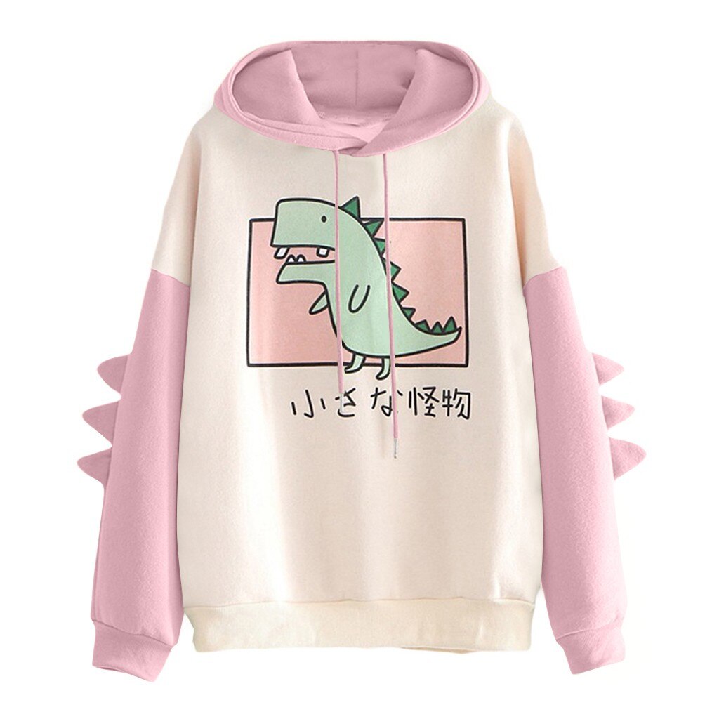 Cute Dino Hoodies Patchwork Winter Harajuku Kawaii Sweatshirt Women Oversize Hooded Pullover Dinosaur Cos Tops Tracksuit Sudadera New ShopOnlyDeal