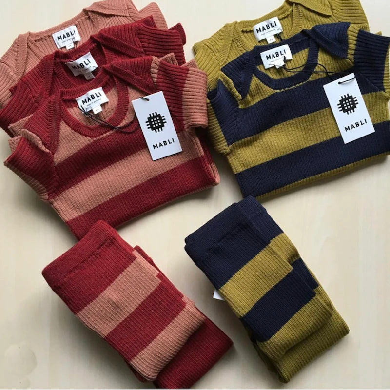 Autumn Winter Girls & Boys Underwear Pajamas Set | Striped Loungewear | Long Sleeve Sweater & Tight-Fitting Kids Knitted Underwear ShopOnlyDeal