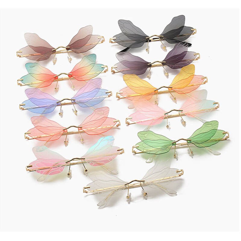 2022 Vintage Dragonfly Wings Sunglasses Fashion Rimless Women Clear Lens Eyewear Men Pink Sun Glasses UV400 Eyewear Female ShopOnlyDeal