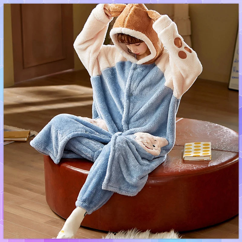 Cartoon Hooded Robes Women's Winter Nightgowns Thick Warm Bathrobe Female Coral Fleece Kimono Sleepwear Coats Dressing Gown 2XL ShopOnlyDeal