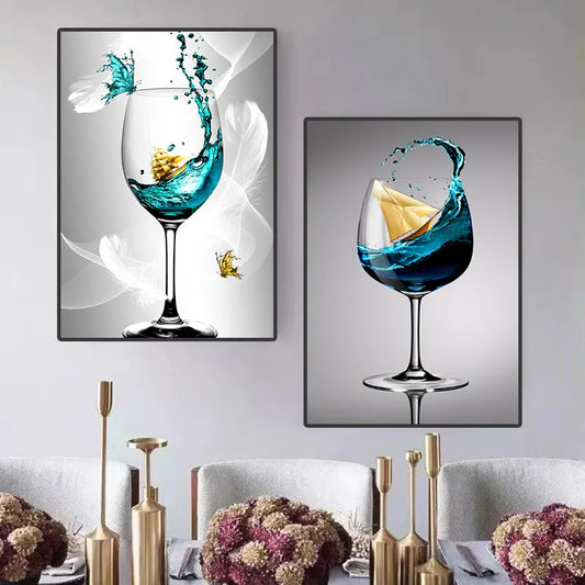 Europe Blue Wine Glass Butterfly Goblet Canvas Painting Modern Abstract Nordic Alcohol Posters and Prints Wall Art Home Decor ShopOnlyDeal