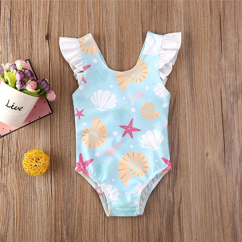 0-36 Months Newborn Baby Kid Girls Swimsuit Bow Ruffles Shell Starfish Print Swimwear For Girls Summer Baby Girl Bathing Suit ShopOnlyDeal