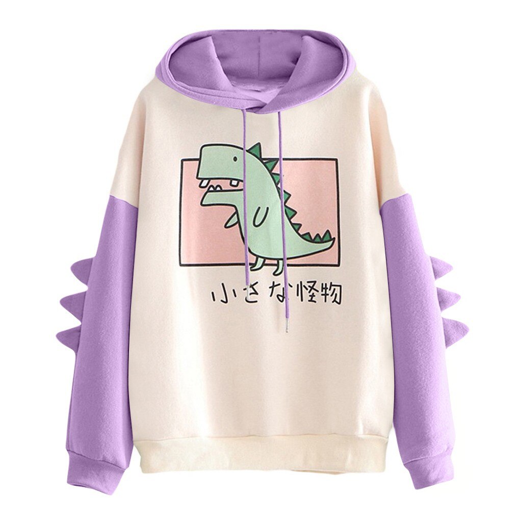 Cute Dino Hoodies Patchwork Winter Harajuku Kawaii Sweatshirt Women Oversize Hooded Pullover Dinosaur Cos Tops Tracksuit Sudadera New ShopOnlyDeal