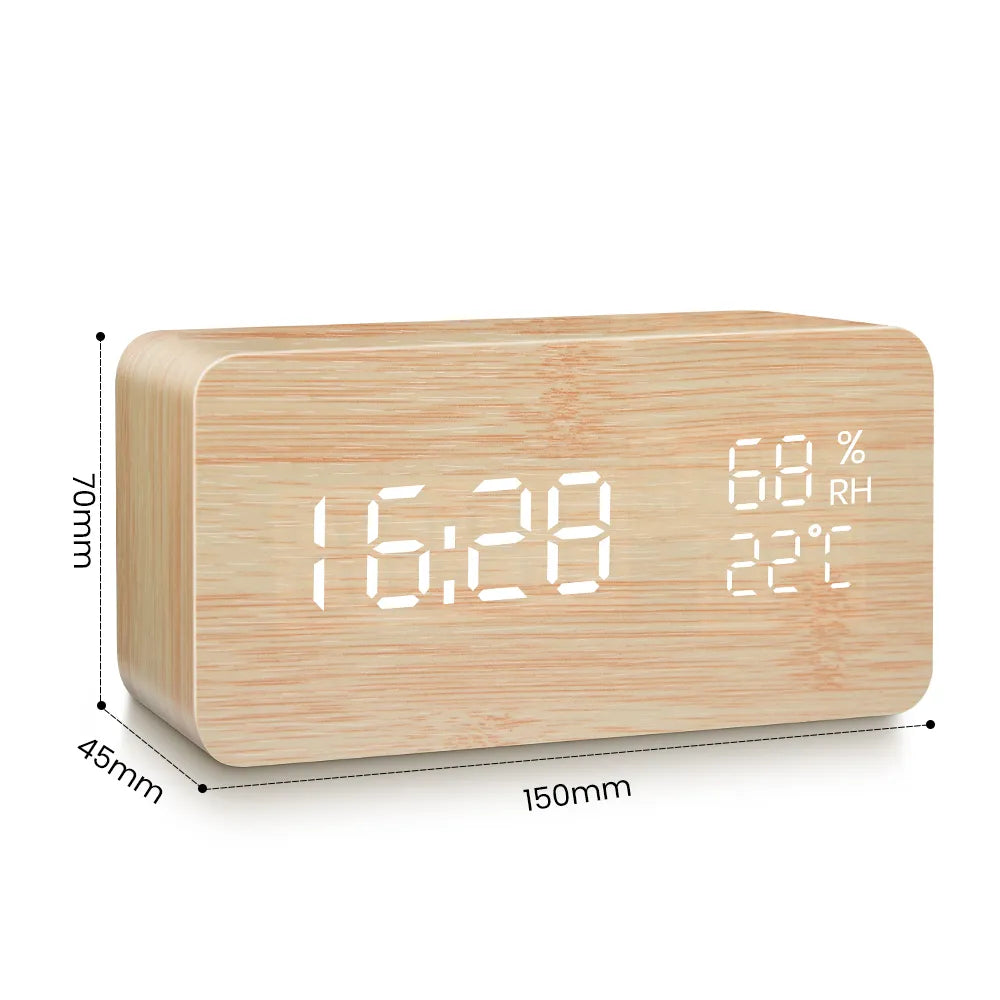 Alarm Clock LED Digital Wooden USB/AAA Powered Table Watch With Temperature Humidity Voice Control Snooze Electronic Desk Clocks ShopOnlyDeal