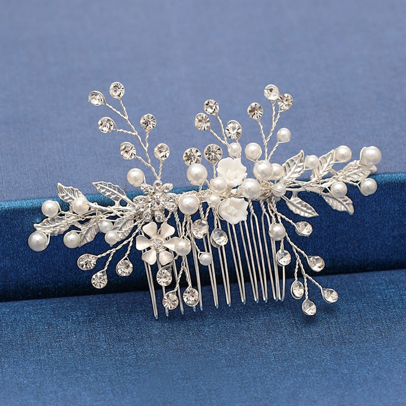 Silver Color Pearl Crystal Wedding Hair Combs Hair Accessories for Bridal Flower Headpiece Women Bride Hair ornaments Jewelry ShopOnlyDeal