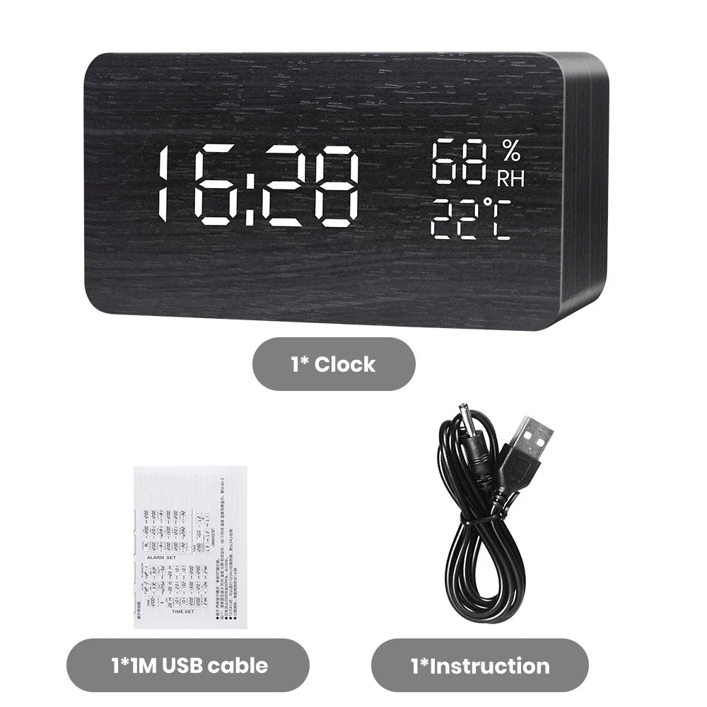 Alarm Clock LED Digital Wooden USB/AAA Powered Table Watch With Temperature Humidity Voice Control Snooze Electronic Desk Clocks ShopOnlyDeal