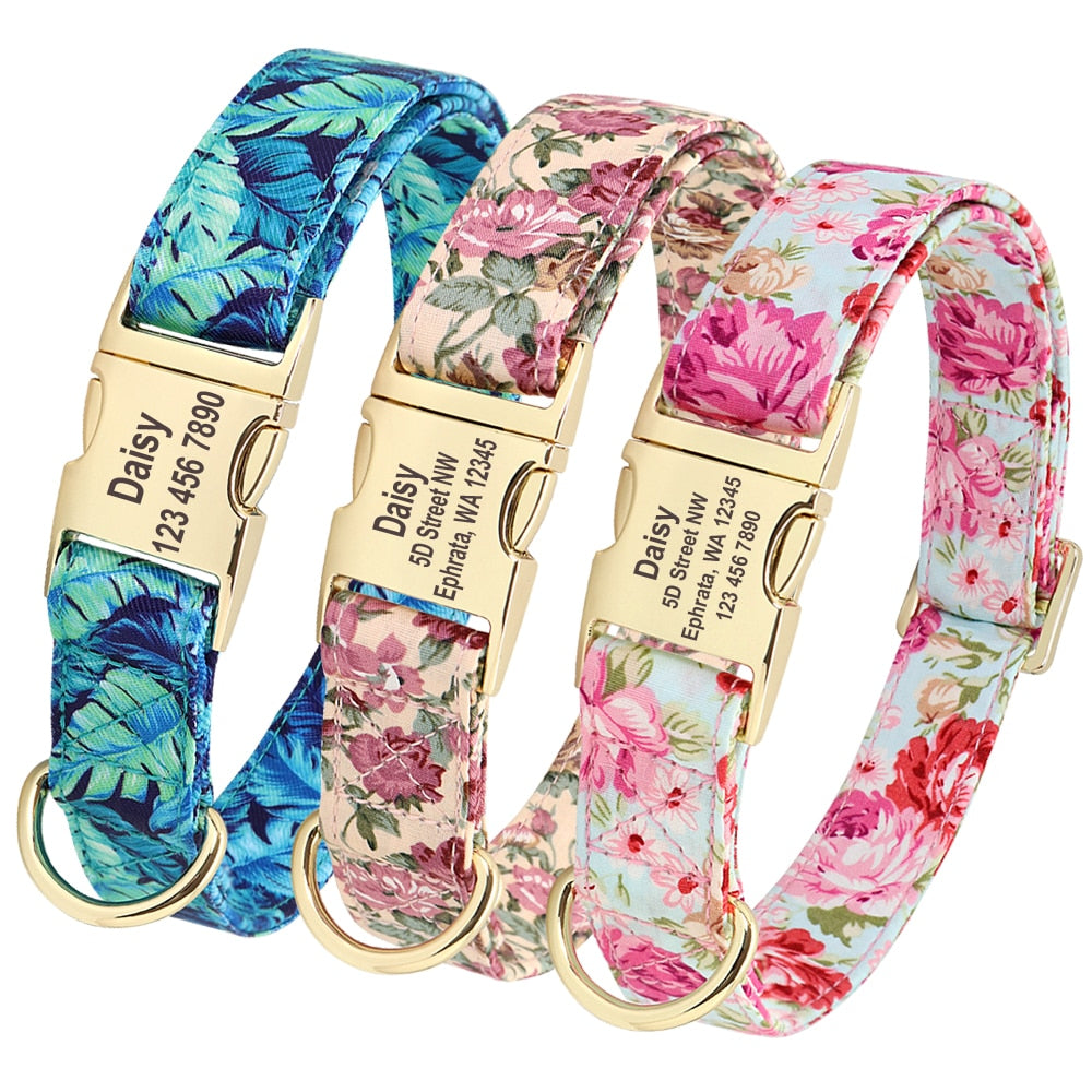 Personalized Floral Dog Collar Custom Small Medium Dog Pet ID Collar Flower Print Nylon Large Dog Engraved Collars for Pitbull ShopOnlyDeal