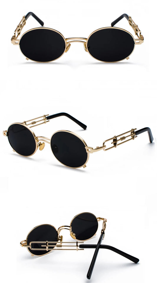 Retro Steampunk Sunglasses | Men's Round Vintage 2024 Metal Frame | Gold Black Oval Sun Glasses | For Women Red | Male Gift peekaboo Official Store
