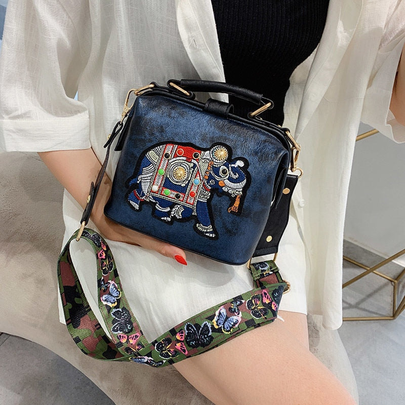 Vintage Embroidery Elephant Bag Bags Wide Butterfly Strap PU Leather Women Shoulder Crossbody Bag Tote Women's Handbags Purses ShopOnlyDeal