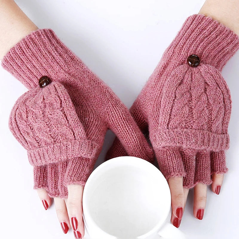 Cute Deer Snowflake Knit Cashmere Gloves Men Women Winter Writing Outdoor Cycling Warm Flip Half Finger Driving Mittens A62 ShopOnlyDeal