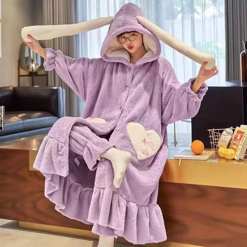 Winter Flannel Pajamas Sets For Women Cute Rabbit Ears Hooded Sleepwear Warm Thick Pyjamas Two Pieces Home Night Wear ShopOnlyDeal