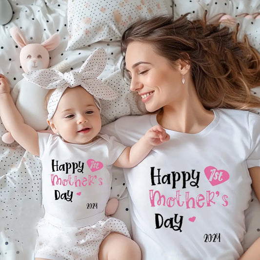 Happy 1st Mother's Day 2024 Print Family Matching Set | Casual Short Sleeve Family Outfits | Mother's Day Holiday Party Clothing ShopOnlyDeal