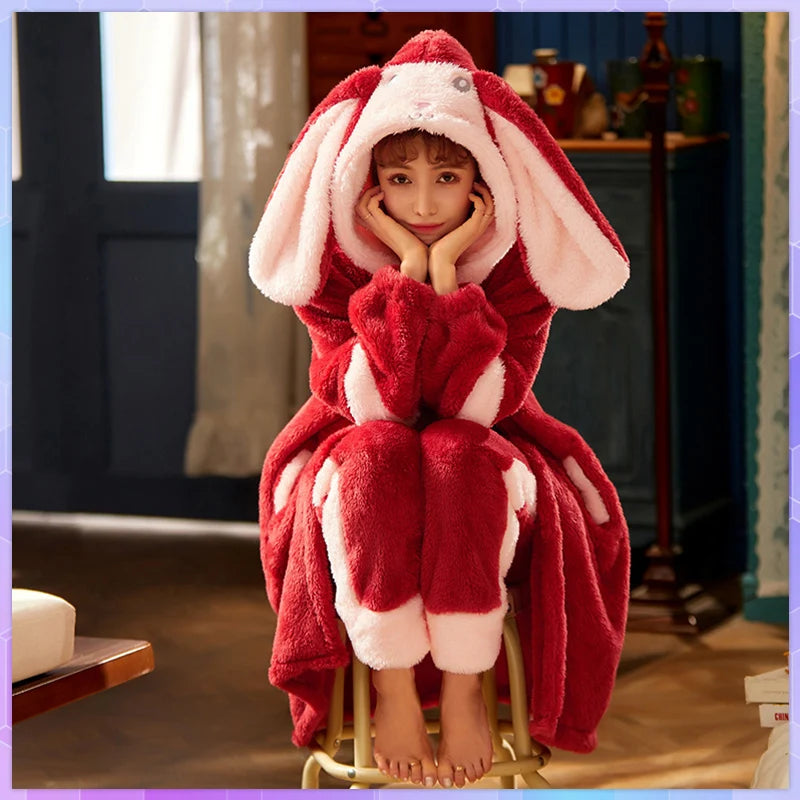 Cartoon Hooded Robes Women's Winter Nightgowns Thick Warm Bathrobe Female Coral Fleece Kimono Sleepwear Coats Dressing Gown 2XL ShopOnlyDeal