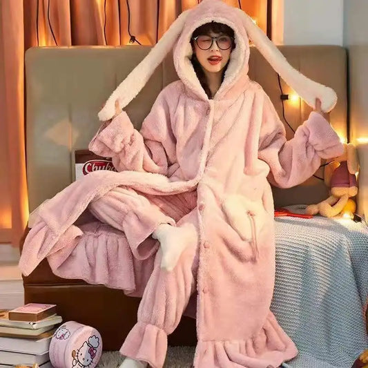 Winter Flannel Pajamas Sets For Women Cute Rabbit Ears Hooded Sleepwear Warm Thick Pyjamas Two Pieces Home Night Wear ShopOnlyDeal