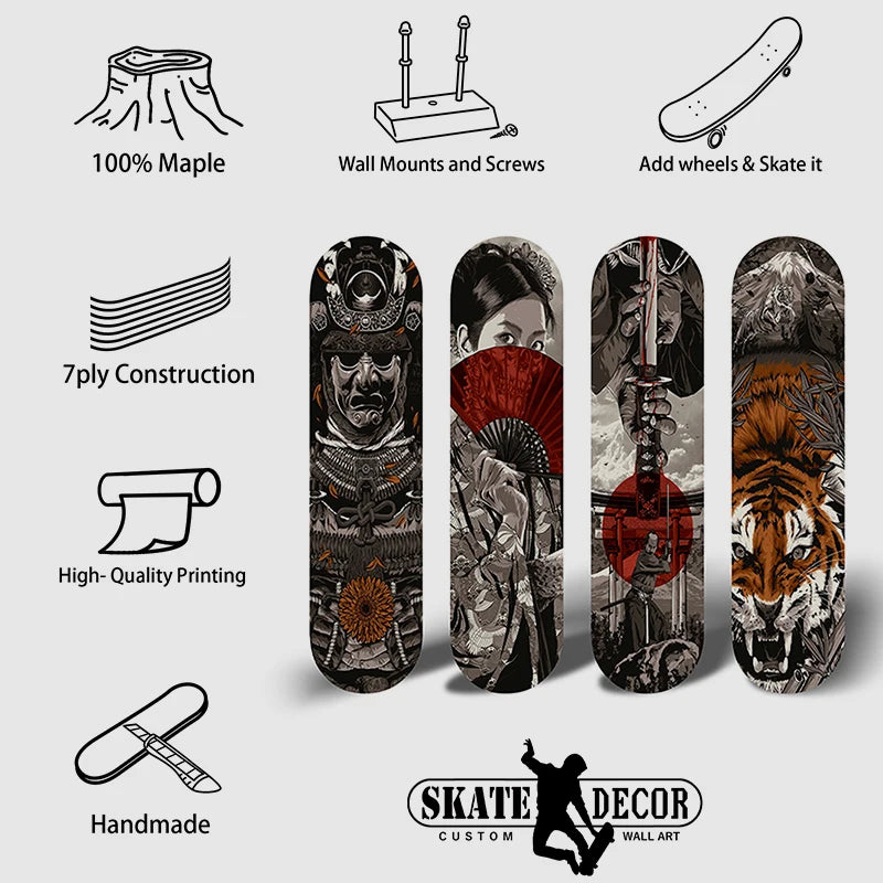 Japanese Samurai Ukiyoe Tiger Decorative Skateboard Art Collection | Skate Deck Wall Art for Bar Pub Club Men Cave Home Decor ShopOnlyDeal