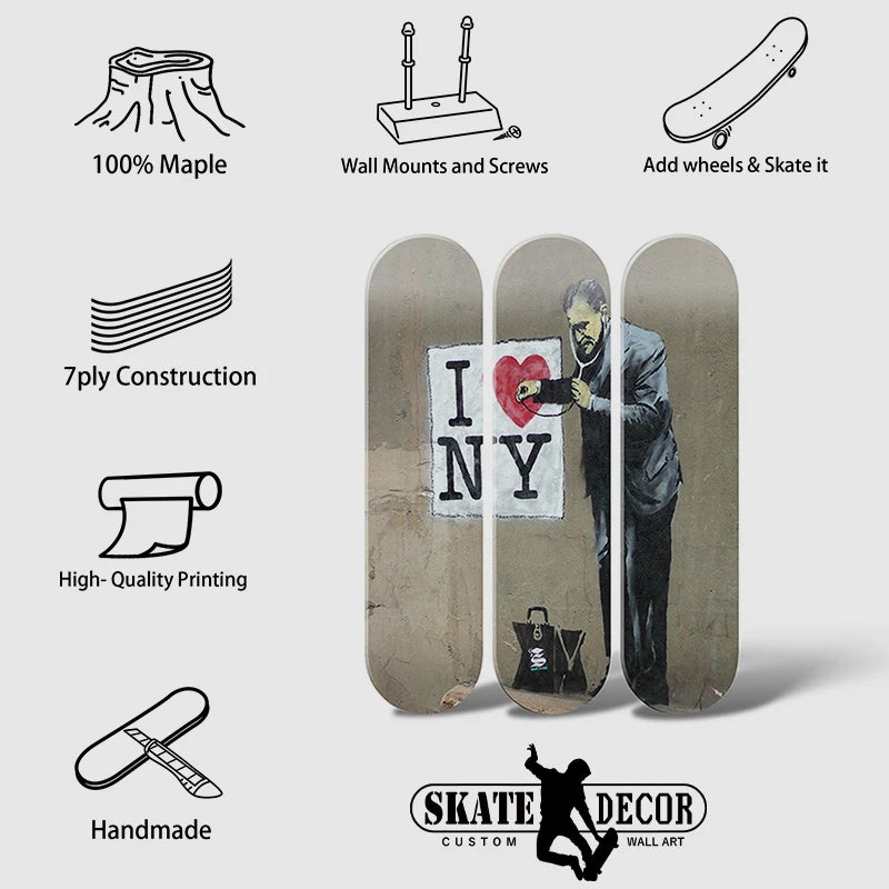 3pcs Retro Banksy Skateboard Wall Mural Skate Deck I Love NY Home Decor Room Ornaments for Club Bar Living Room Decoration ShopOnlyDeal