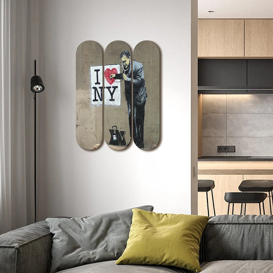 3pcs Retro Banksy Skateboard Wall Mural Skate Deck I Love NY Home Decor Room Ornaments for Club Bar Living Room Decoration ShopOnlyDeal