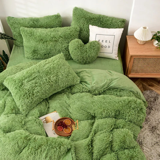 High Quality Long hair bedding set Green Mink Flannle Velvet Fleece Duvet CoverThicken Warm Home Linen 3/4 Heart Cushion Sheet ShopOnlyDeal