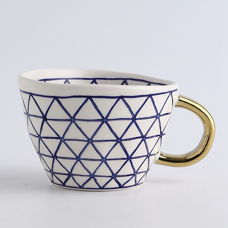 Hand Painted Geometric Ceramic Mugs With Gold Handle Handmade Irregular Cups For Coffee Tea Milk Oatmeal Creative Birthday Gifts ShopOnlyDeal