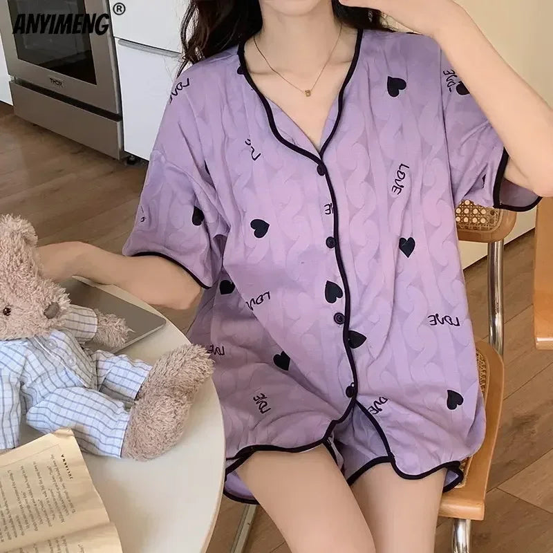 Korean Pajamas Set for Women | Summer Loungewear Sleepwear | Girls Sweet Lapel Pyjama | Kawaii Bear Printed Pijamas | Japanese Home Suit ShopOnlyDeal