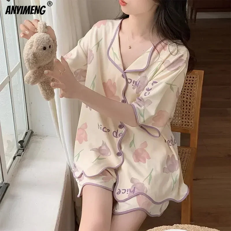 Korean Pajamas Set for Women | Summer Loungewear Sleepwear | Girls Sweet Lapel Pyjama | Kawaii Bear Printed Pijamas | Japanese Home Suit ShopOnlyDeal