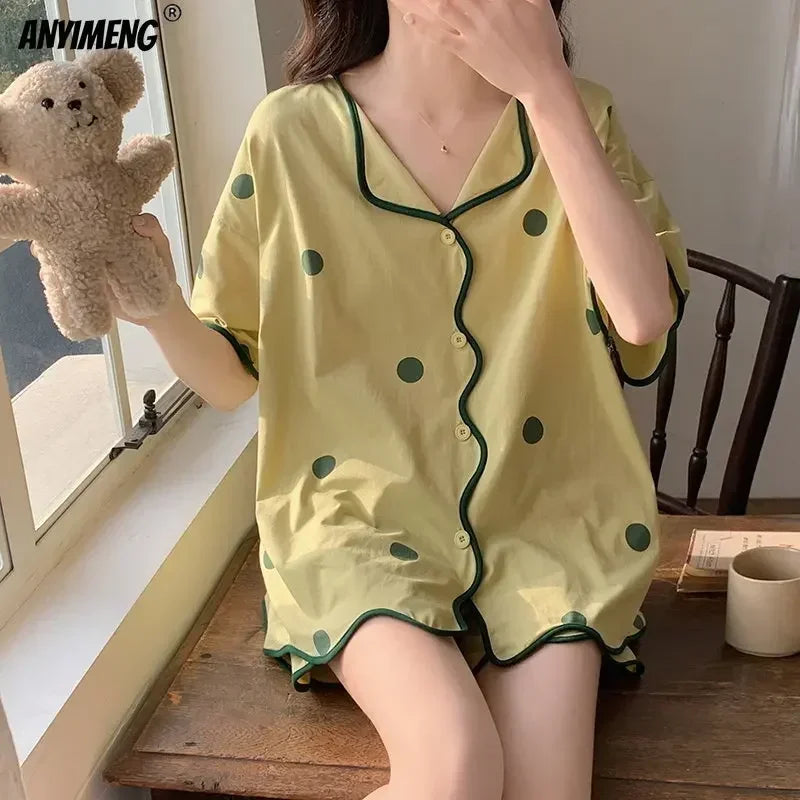 Korean Pajamas Set for Women | Summer Loungewear Sleepwear | Girls Sweet Lapel Pyjama | Kawaii Bear Printed Pijamas | Japanese Home Suit ShopOnlyDeal