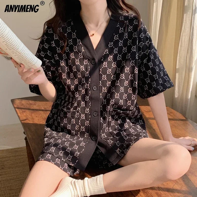 Korean Pajamas Set for Women | Summer Loungewear Sleepwear | Girls Sweet Lapel Pyjama | Kawaii Bear Printed Pijamas | Japanese Home Suit ShopOnlyDeal