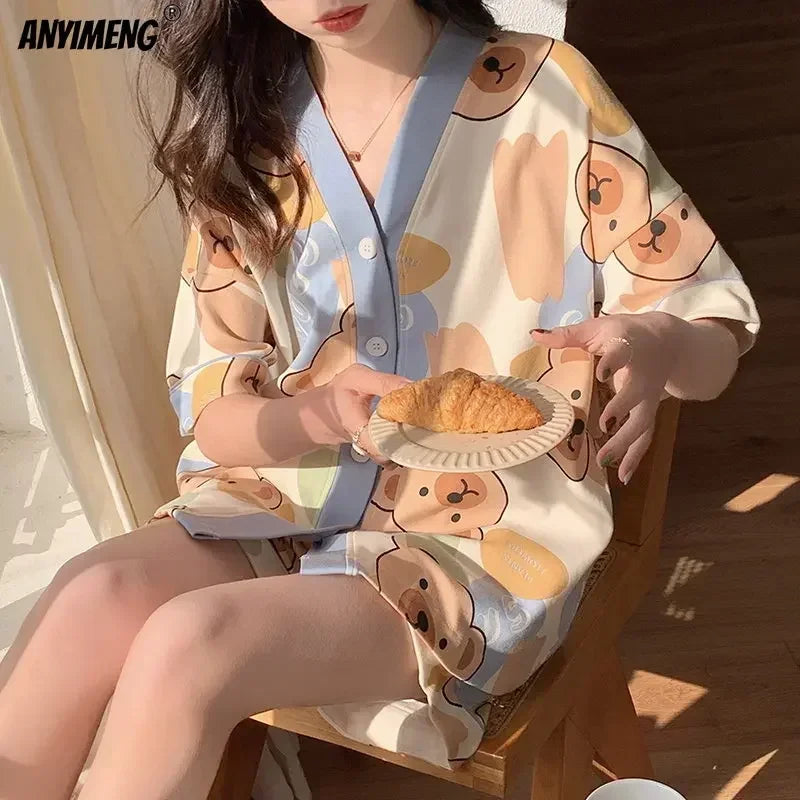 Korean Pajamas Set for Women | Summer Loungewear Sleepwear | Girls Sweet Lapel Pyjama | Kawaii Bear Printed Pijamas | Japanese Home Suit ShopOnlyDeal