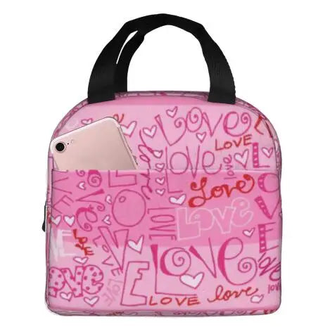 Love Pink Black Portable Insulated Lunch Bag Waterproof Tote Bento Bags Lunch Tote for Women Lunch Box for Work School Picnic ShopOnlyDeal