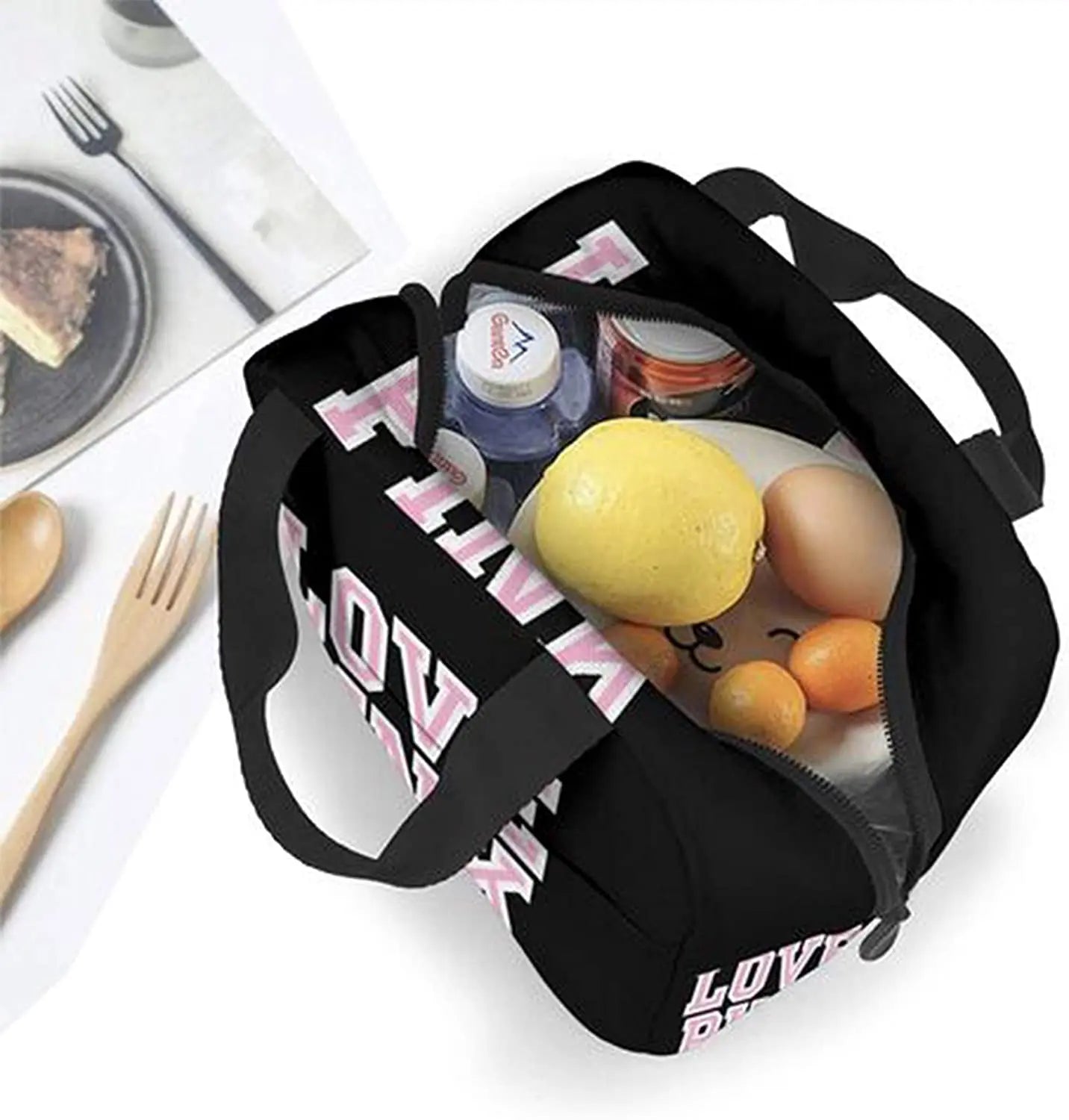 Love Pink Black Portable Insulated Lunch Bag Waterproof Tote Bento Bags Lunch Tote for Women Lunch Box for Work School Picnic ShopOnlyDeal