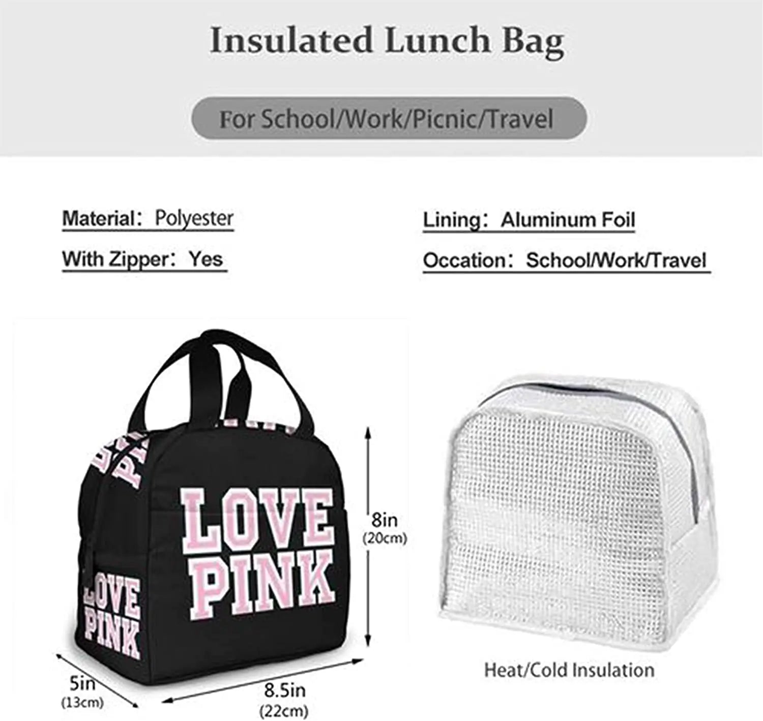 Love Pink Black Portable Insulated Lunch Bag Waterproof Tote Bento Bags Lunch Tote for Women Lunch Box for Work School Picnic ShopOnlyDeal