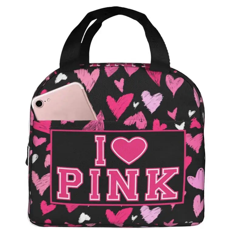 Love Pink Black Portable Insulated Lunch Bag Waterproof Tote Bento Bags Lunch Tote for Women Lunch Box for Work School Picnic ShopOnlyDeal