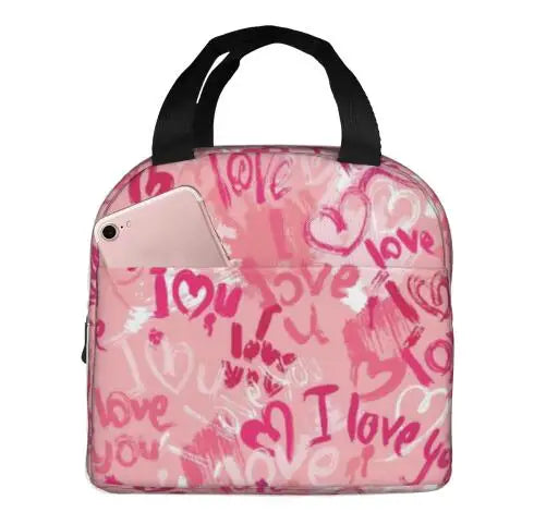 Love Pink Black Portable Insulated Lunch Bag Waterproof Tote Bento Bags Lunch Tote for Women Lunch Box for Work School Picnic ShopOnlyDeal