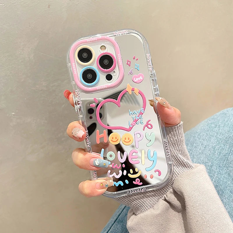 Lovely Girl Heart Mirror Phone Case For iPhone 11 12 13 14 15 Pro Max Shockproof Back Cover ShopOnlyDeal