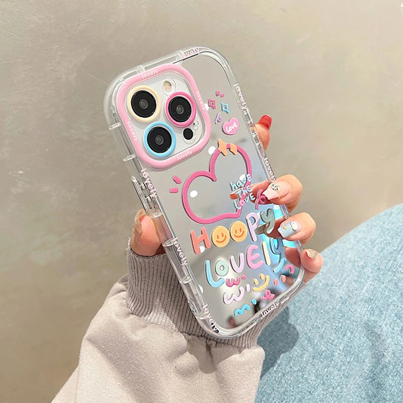 Lovely Girl Heart Mirror Phone Case For iPhone 11 12 13 14 15 Pro Max Shockproof Back Cover ShopOnlyDeal