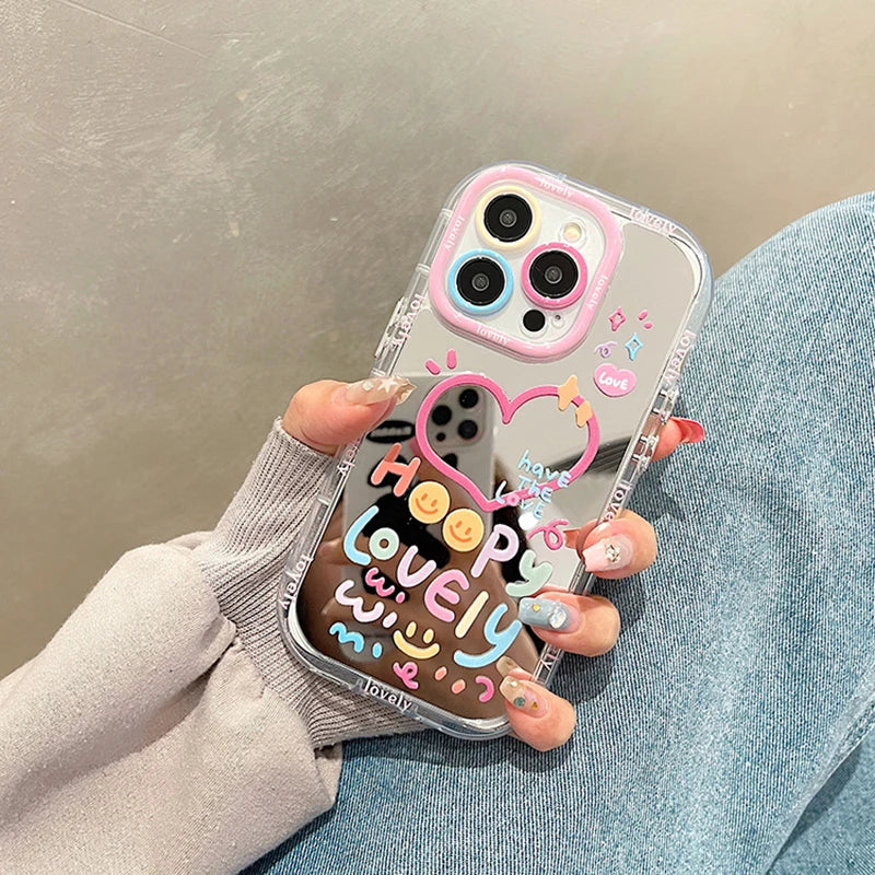 Lovely Girl Heart Mirror Phone Case For iPhone 11 12 13 14 15 Pro Max Shockproof Back Cover ShopOnlyDeal