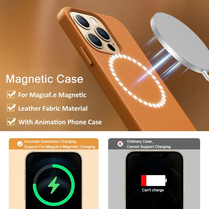 Luxury Leather MagSafe Magnetic Case | For iPhone 15, 14, 13 Pro Max, Plus, Mini | With Animation Charging Phone Cases Accessories ShopOnlyDeal